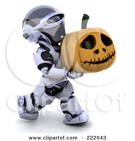 Royalty-Free (RF) Clipart Illustration of a 3d Robot Carrying A Halloween Pumpkin by KJ Pargeter