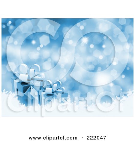 Royalty-Free (RF) Clipart Illustration of 3d Blue Gift Boxes Over Snow On A Glittery Blue Background by KJ Pargeter