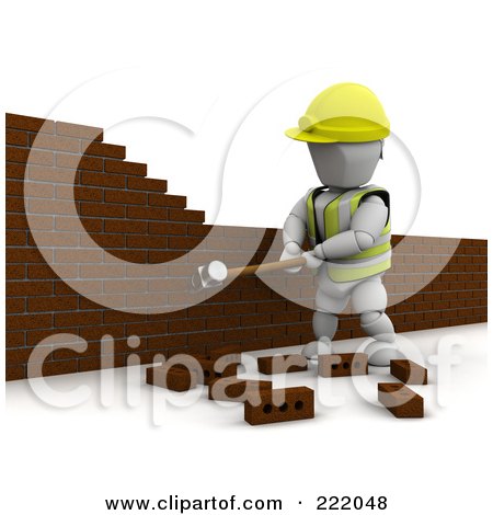 Royalty-Free (RF) Clipart Illustration of a 3d White Character Demolishing A Brick Wall by KJ Pargeter