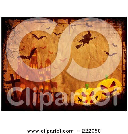 Royalty-Free (RF) Clipart Illustration of a Witch And Bats Above A Cemetery, Halloween Pumpkins And Haunted House On Grungy Parchment by KJ Pargeter
