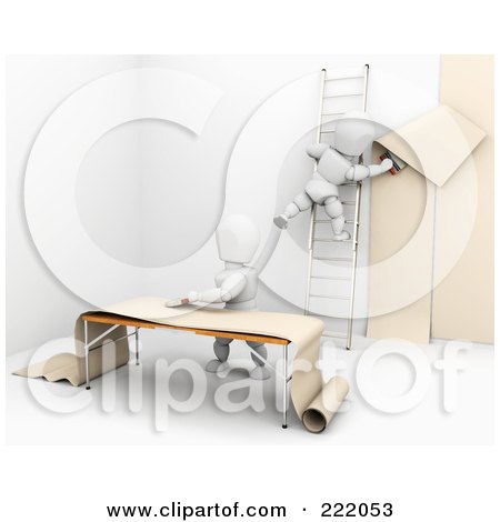 Royalty-Free (RF) Clipart Illustration of 3d White Characters Applying Wallpaper by KJ Pargeter