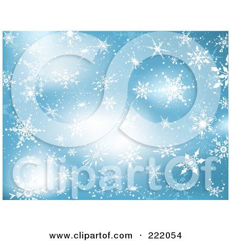 Royalty-Free (RF) Clipart Illustration of a Blue Background With Sparkling Snowflakes by KJ Pargeter