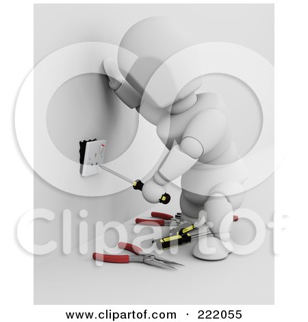 Royalty-Free (RF) Clipart Illustration of a 3d White Character Installing An Electric Jack In A Wall - 2 by KJ Pargeter