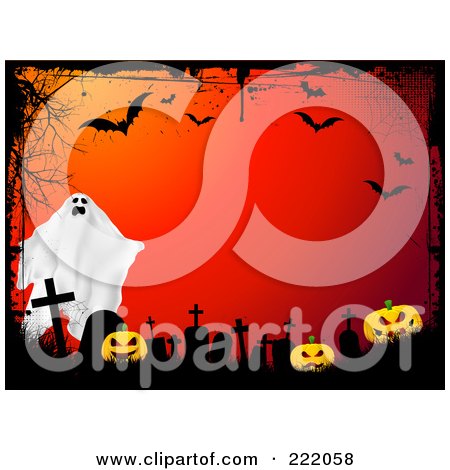 Royalty-Free (RF) Clipart Illustration of a Ghost Over Tombstones And Pumpkins, On Red With Grunge, Webs And Bats by KJ Pargeter