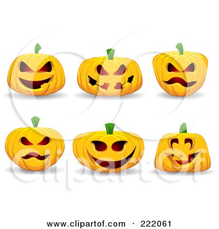 Royalty-Free (RF) Clipart Illustration of a Digital Collage Of Six 3d Jackolantern Halloween Pumpkins by KJ Pargeter