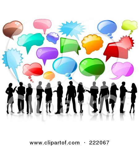Royalty-Free (RF) Clipart Illustration of Black Silhouetted Business People Under Shiny Speech Balloons, On A Reflective White Background by KJ Pargeter