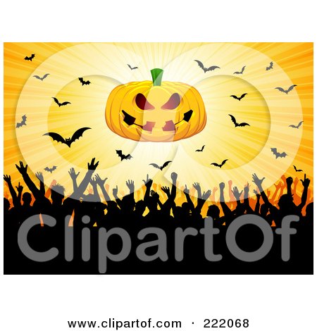Royalty-Free (RF) Clipart Illustration of a Silhouetted Crowd Partying Under A Jack O Lantern And Vampire Bats On Yellow by KJ Pargeter