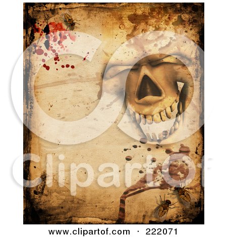 Royalty-Free (RF) Clipart Illustration of a Creepy Background Of A Skull, Parchment, Bugs And Blood by KJ Pargeter
