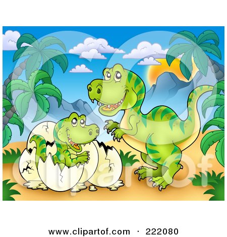 Royalty-Free (RF) Clipart Illustration of a Mother And Hatching Baby T Rex In A Tropical Mountainous Landscape by visekart