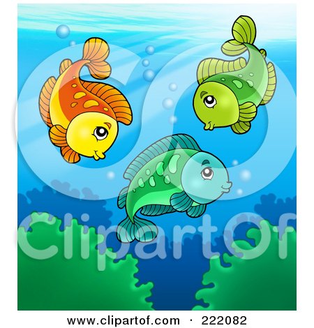 Royalty-Free (RF) Clipart Illustration of Three Cute Freshwater Fish Swimming Above Aquatic Plants by visekart