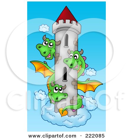 Royalty-Free (RF) Clipart Illustration of a Three Headed Dragon Around A Castle Tower In The Sky by visekart