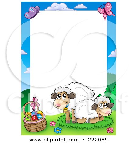Royalty-Free (RF) Clipart Illustration of Sheep By An Easter Basket Frame Around White Space by visekart