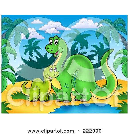 Royalty-Free (RF) Clipart Illustration of a Cute Mother And Baby Brontosaurus Dinos Sitting By A Water Hole In A Tropical Landscape by visekart
