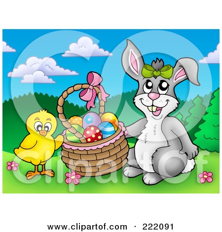 Royalty-Free (RF) Clipart Illustration of a Chick And Easter Bunny Putting Eggs In A Basket by visekart