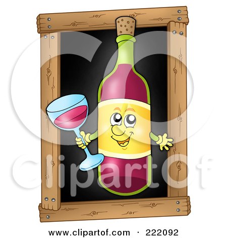 Royalty-Free (RF) Clipart Illustration of a Red Wine Bottle Holding A Glass Over A Black Board by visekart