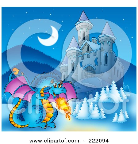 Royalty-Free (RF) Clipart Illustration of a Blue Fire Breathing Dragon Near A Castle - 3 by visekart