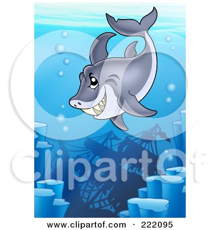 Royalty-Free (RF) Clipart Illustration of a Grinning Shark Swimming Above A Sunken Ship In The Deep Sea by visekart