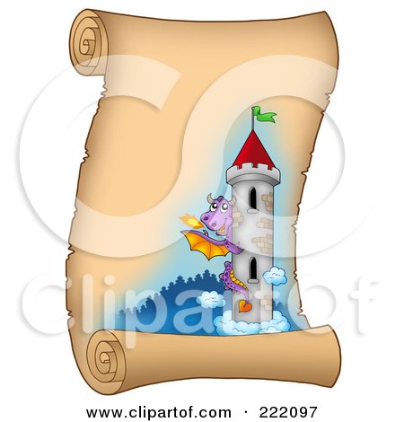 Royalty-Free (RF) Clipart Illustration of a Guardian Dragon With A Tower On A Vertical Parchment Page by visekart