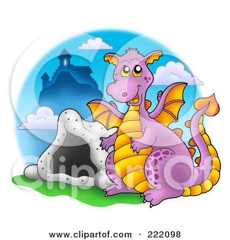 Royalty-Free (RF) Clipart Illustration of a Purple Dragon Near A Cave And Castle - 1 by visekart