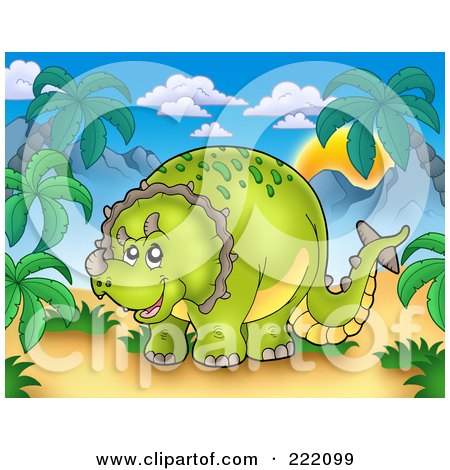 Royalty-Free (RF) Clipart Illustration of a Cute Green Spotted Triceratops In A Tropical Mountainous Landscape by visekart