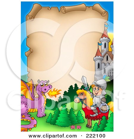 Royalty-Free (RF) Clipart Illustration of a Knight On His Horse And Dragon By A Castle Around Aged Parchment by visekart