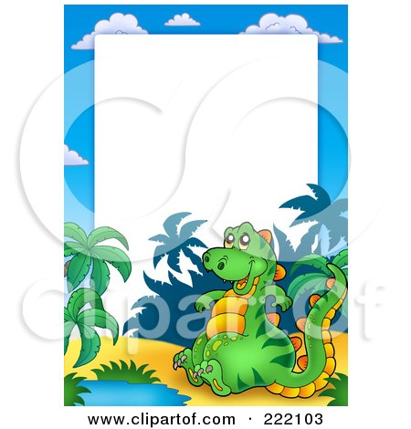 Royalty-Free (RF) Clipart Illustration of a Cute Sitting Dinosaur And Tropical  Frame Around White Space by visekart