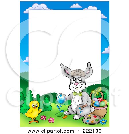 Royalty-Free (RF) Clipart Illustration of a Rabbit And Chick By An Easter Basket Frame Around White Space by visekart
