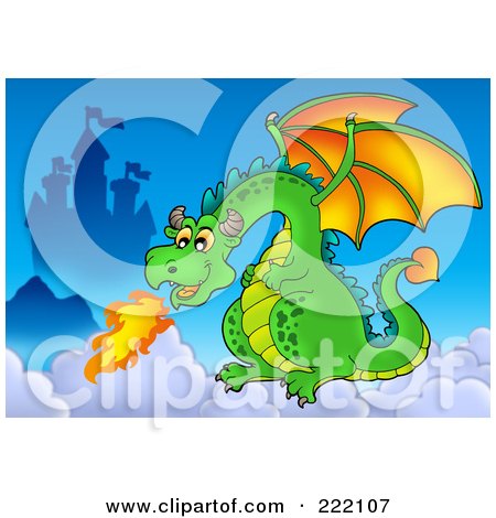 Royalty-Free (RF) Clipart Illustration of a Green Dragon Near A Castle In The Sky - 3 by visekart