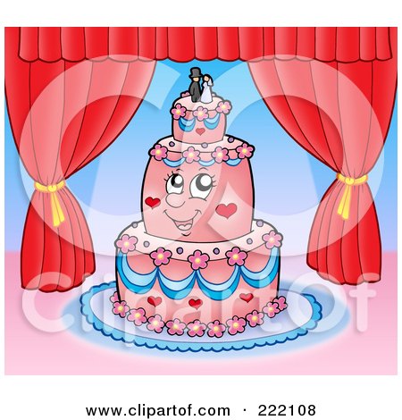 Royalty-Free (RF) Clipart Illustration of a Happy Pink Wedding Cake Character With Red Curtains by visekart