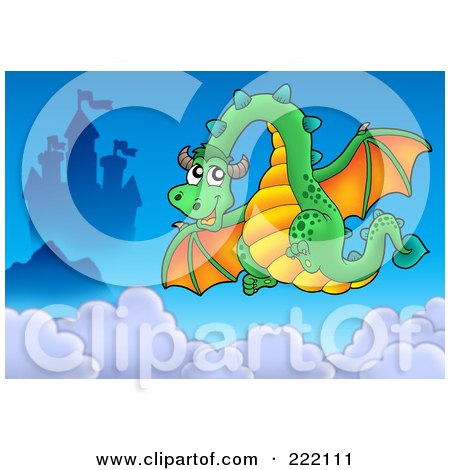 Royalty-Free (RF) Clipart Illustration of a Green Dragon Near A Castle In The Sky - 1 by visekart