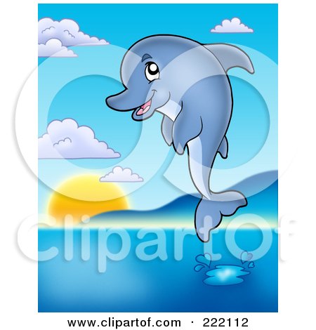 Royalty-Free (RF) Clipart Illustration of a Cute Dolphin Jumping Above A Still Sea At Sunset by visekart