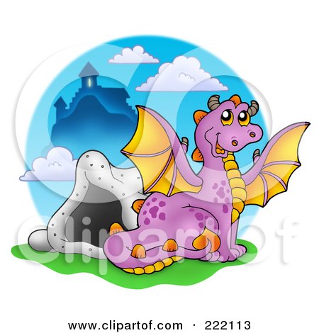 Royalty-Free (RF) Clipart Illustration of a Purple Dragon Near A Cave And Castle - 2 by visekart