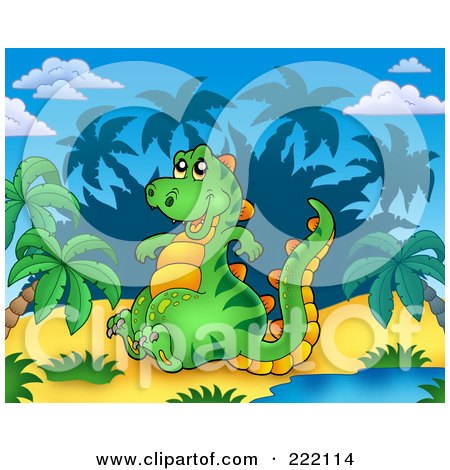 Royalty-Free (RF) Clipart Illustration of a Cute Dino Sitting By A Water Hole In A Tropical Landscape by visekart