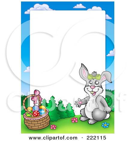 Royalty-Free (RF) Clipart Illustration of a Rabbit By An Easter Basket Frame Around White Space by visekart