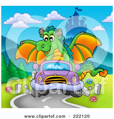 Royalty-Free (RF) Clipart Illustration of a Green Dragon Driving A Car Near A Castle by visekart