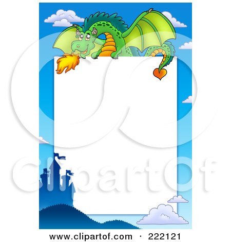 Royalty-Free (RF) Clipart Illustration of a Green Fire Breathing Dragon Above A Castle Frame Around White Space by visekart