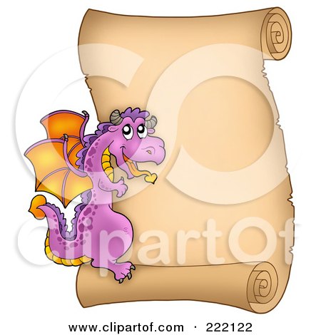 Royalty-Free (RF) Clipart Illustration of a Purple Dragon On A Vertical Parchment Page by visekart