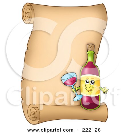 Royalty-Free (RF) Clipart Illustration of a Red Wine Character Over A Vertical Parchment Scroll by visekart