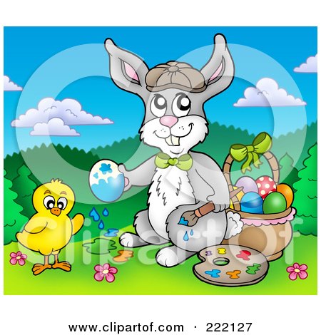 Royalty-Free (RF) Clipart Illustration of a Chick And Easter Bunny Painting Eggs By A Basket by visekart