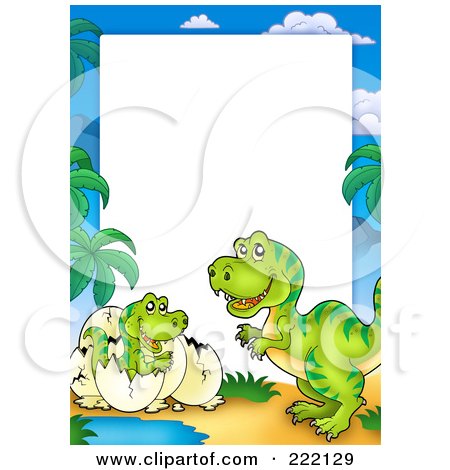 Royalty-Free (RF) Clipart Illustration of a Cute Mother And Hatching T Rex Frame Around White Space by visekart