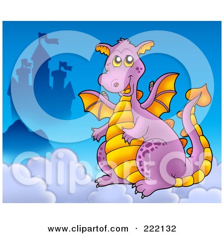 Royalty-Free (RF) Clipart Illustration of a Purple Dragon Near A Castle In The Clouds - 2 by visekart