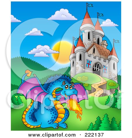 Royalty-Free (RF) Clipart Illustration of a Blue Fire Breathing Dragon Near A Castle - 1 by visekart