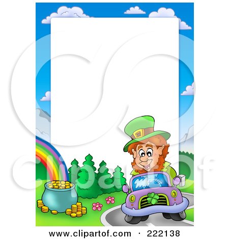 Royalty-Free (RF) Clipart Illustration of a Leprechaun Driving A Car By A Rainbow And Pot Of God Frame Around White Space by visekart