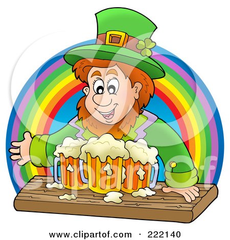 Royalty-Free (RF) Clipart Illustration of a Leprechaun With Beer Mugs In Front Of A Rainbow by visekart