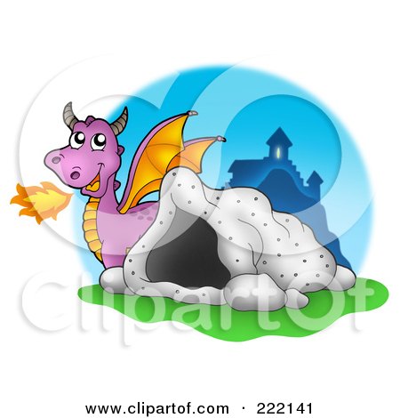 Royalty-Free (RF) Clipart Illustration of a Purple Fire Breathing Dragon Near A Cave And Castle - 1 by visekart