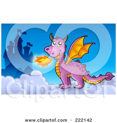 Royalty-Free (RF) Clipart Illustration of a Purple Fire Breathing Dragon Near A Castle - 4 by visekart