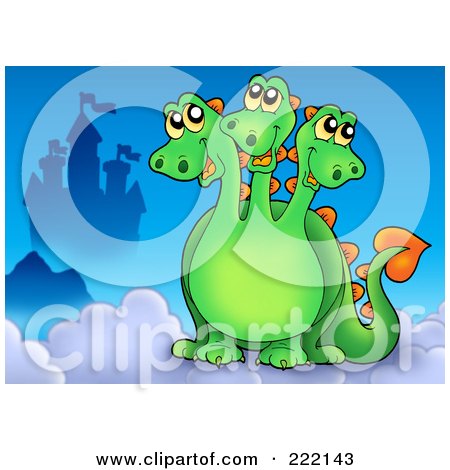Royalty-Free (RF) Clipart Illustration of a Three Headed Dragon Near A Castle In The Sky by visekart