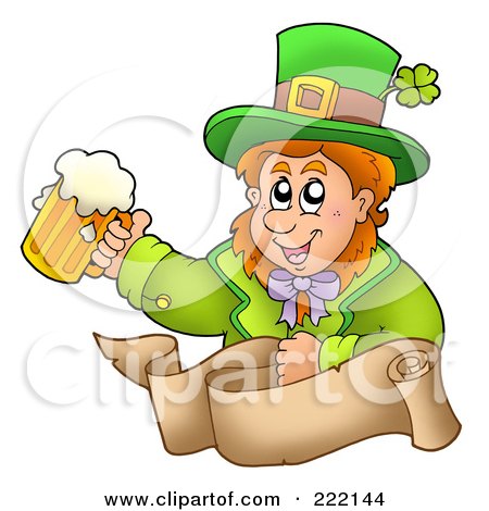 Royalty-Free (RF) Clipart Illustration of a Leprechaun Holding A Beer Above A Parchment Banner by visekart