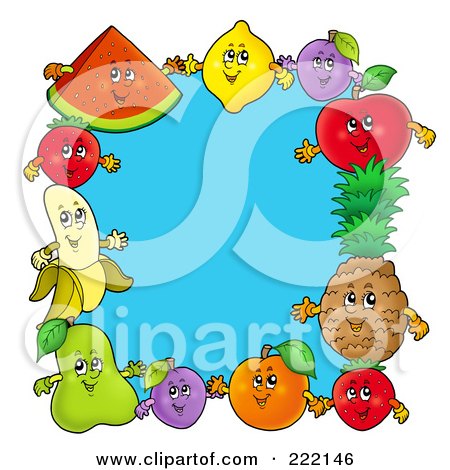 Royalty-Free (RF) Clipart Illustration of a Frame Of Happy Fruit Around Blue by visekart