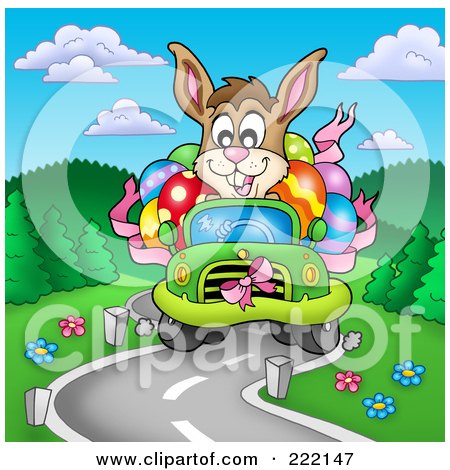 Royalty-Free (RF) Clipart Illustration of an Easter Bunny Driving A Green Car Full Of Eggs On A Windy Road by visekart
